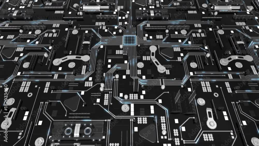 Poster seamless looping 3d animated futuristic motherboard with the animated word “ram” in 4k resolution