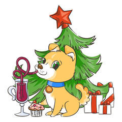 Golden dog with the cup of mulled wine and a cake. New Year symbol of 2018.