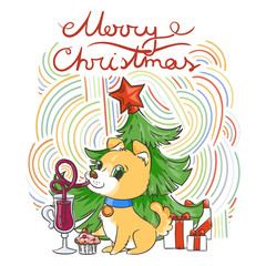 Golden dog with the cup of mulled wine and a cake. New Year symbol of 2018.