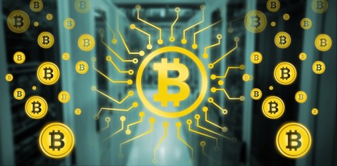 Composite image of symbol of bitcoin digital cryptocurrency