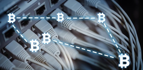 Composite image of symbol of bitcoin digital cryptocurrency