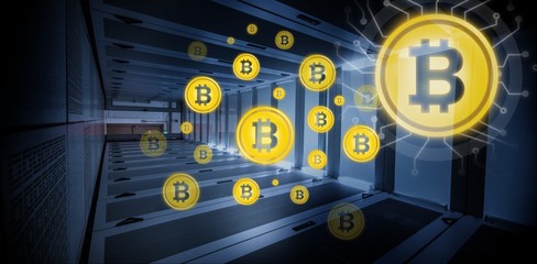 Composite image of symbol of bitcoin digital cryptocurrency