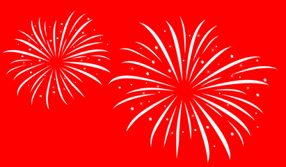 Festive firework bursting shape, white firework pictograms on red background. New Year firework abstract isolated illustration, Party fun firework celebration. Firework show.