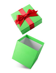 Classic green flying open gift box with red satin bow