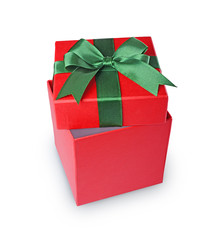 Classic red gift box with green satin bow