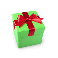 Classic green gift box with red satin bow