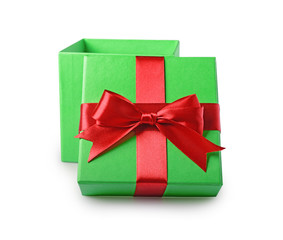 Classic green open gift box with red satin bow