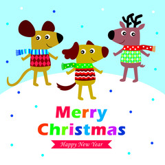 cute animals merry christmas greeting vector