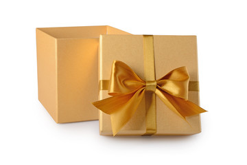 Golden classic open gift box with satin bow