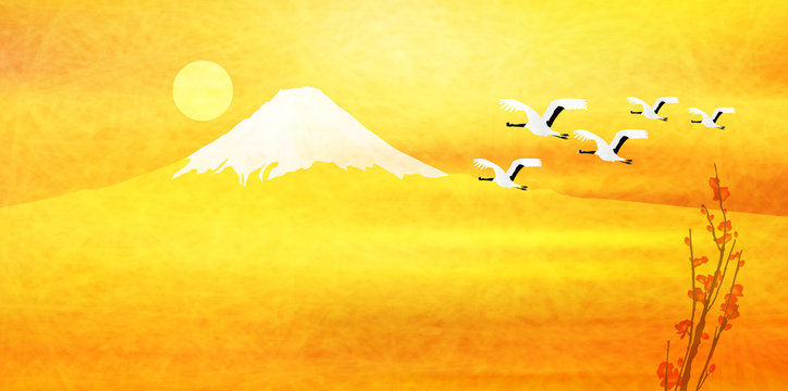 富士山　年賀状　和紙　背景 　