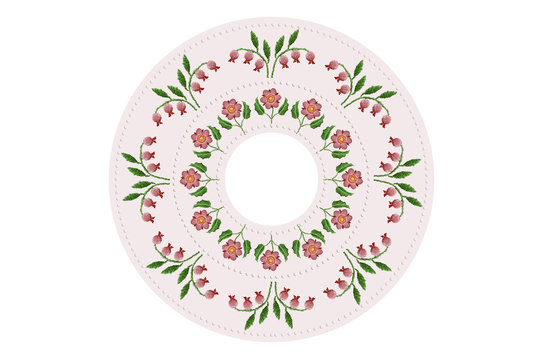 Pink round napkin with embroidered stylized pink flowers and berries with leaves  