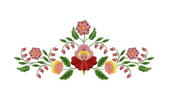 Embroidered bouquet of red with pink flowers and berries with leaves on white background
