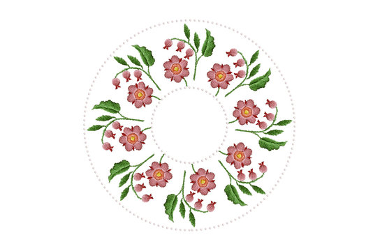 Embroidered stitch napkin with oval wreath of delicate flowers in frame of beads on white background


