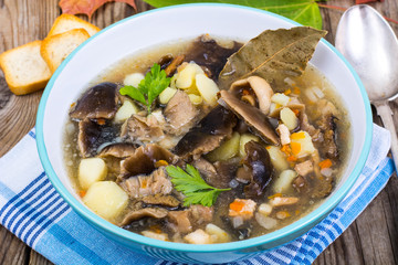 Delicious homemade soup with mushrooms and potatoes