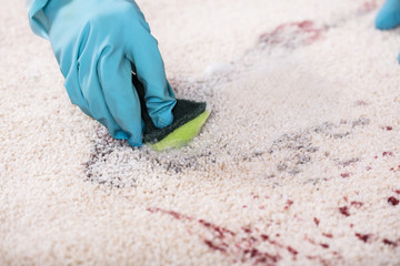 Person Cleaning Stain Of Carpet With Sponge