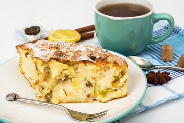 Piece of delicious apple pie with cinnamon