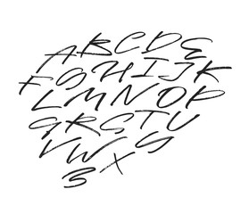Hand written alphabet, capital letters. Brush painted grunge modern letters. Beautiful calligraphy and lettering. Black and white script.