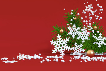 snow green leaf set on red scene christmas holiday concept 3d rendering abstract christmas background