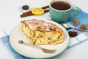 Piece of delicious apple pie with cinnamon