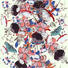 Fashion pattern illustration with beautiful hand drawn flowers in vintage style