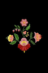 Embroidered bouquet of stylized flowers in red,pink,yellow shades and berries with leaves on black background


