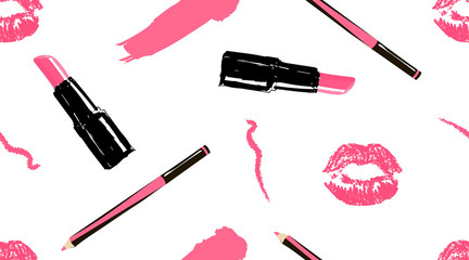 Professional makeup artist background. Vector seamless pattern with lipstick smear and brush, makeup pencils, lipstick, pink lips mouth. Hand drawn fashion art illustration in fashion trendy style. - 182036236
