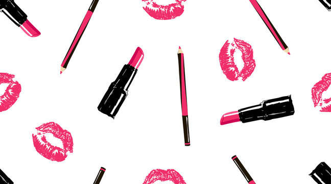 Professional makeup artist background. Vector seamless pattern with makeup pencil for eyes, lipstick, pink lips mouth. Hand drawn fashion art illustration in fashion trendy style.