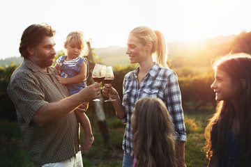 Wine grower family in vineyard before harvesting