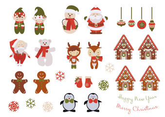 Naklejka premium A set of Christmas characters and decorations. Christmas elves, Santa Claus, snowman, deer, penguins, gingerbread houses and gingerbread men, Christmas toys, snowflakes.