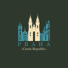Obraz premium Travel vector banner or logo. The famous Church of Our Lady before Tyn in Prague, Czech Republic. Czech architectural landmark