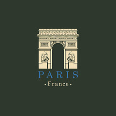 Naklejka premium Ilustracja wektorowa podróży, baner lub logo. Słynny Łuk Triumfalny w Paryżu, Francja. Francuski zabytek architektury