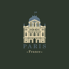 Travel vector illustration, banner or logo. The famous great national Museum Louvre in Paris, France. French national artistic landmark