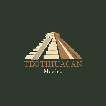 Vector travel banner or logo. The teotihuacan pyramids in Mexico, North America. Ancient stepped pyramids with temples on top. Mesoamerican architectural landmark