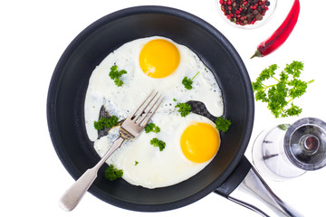 Two fried eggs on Teflon frying pan
