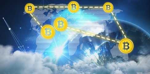 Composite image of symbol of bitcoin digital cryptocurrency