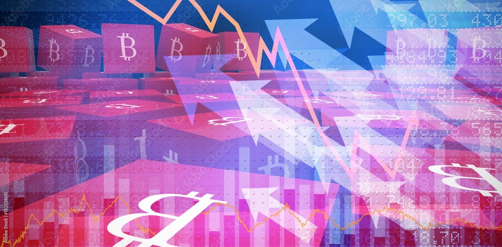 Poster composite image of several red cube with bitcoin sign on each