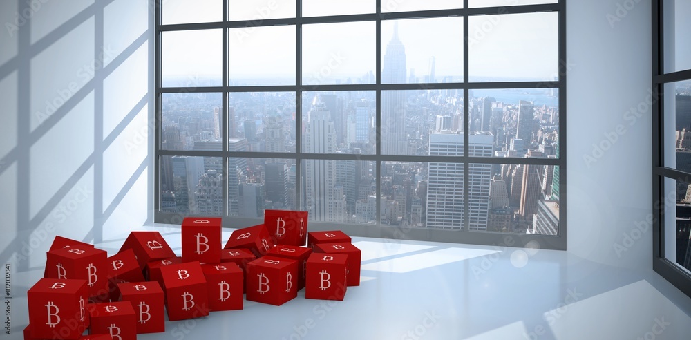 Poster composite image of several red cube with bitcoin sign on each