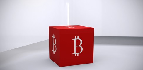 Composite image of big red cube with bitcoin logo on each side 