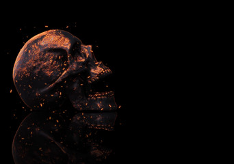 skull in fire wallpaper isolated in black with reflection 3d illustration