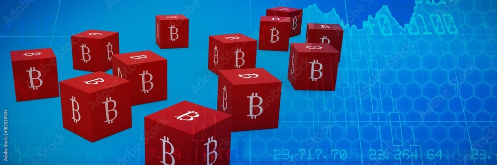 Poster composite image of several red cube with bitcoin sign on each