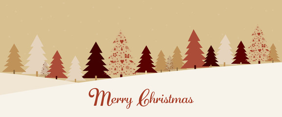 Christmas time. Christmas card with forest landscape in festive colors. Text : Merry Christmas.