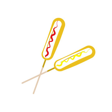 Vector color outline corn dog with sausage in dough and mustard, toad in the hole. Tasty cartoon colorful street fastfood symbol