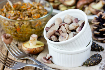 Marinated wild mushrooms and mushroom caviar