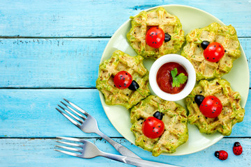Kids party appetizer - waffles with tomato ladybug