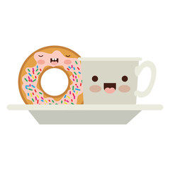 kawaii coffee cup and donut with cream glaze on dish in colorful silhouette on white background
