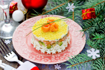 Salmon avocado rice salad on Christmas dinner table