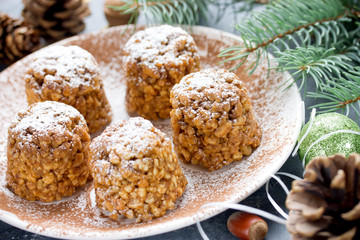 Christmas cookies, caramel shortbread cookies shaped pine cone