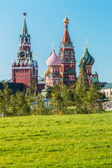 Fototapeta na wymiar view of the Pokrovsky Cathedral St. Basil's Cathedral with the Park Zaryadye in Moscow.