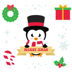 cartoon cute penguin with sign christmas illustration