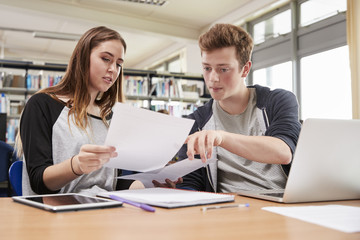Two College Students Collaborating On Project In Library